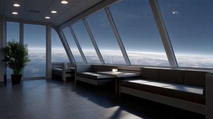 Modern Interior of Spacecraft Lounge with Panoramic View of Planets and Stars