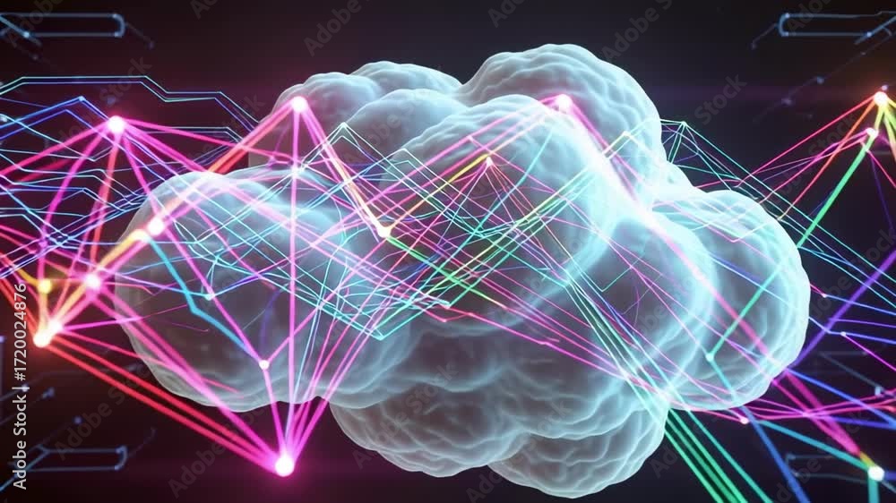 Poster cloud computing network data transfer animation technology it solutions services 3d render 4k