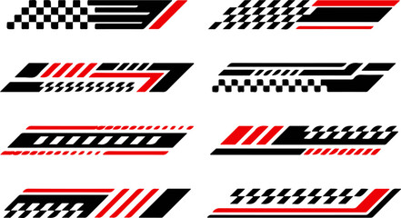 RACING STRIPES Icon Set – 8 Stylized Black, Red & White Graphics for Speed, Motion & Motorsport Branding in Automotive Design, UI & Creative Assets