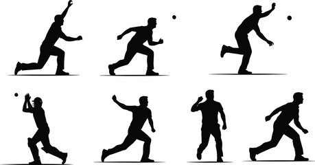 PrintCricket player silhouette, bowler action pose, batsman catching ball, sports vector illustration, athlete training artwork, dynamic motion, professional cricket match, competitive game