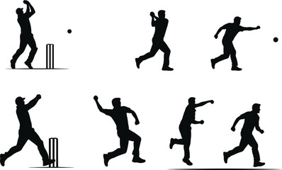PrintCricket player silhouette, bowler throwing ball, batsman action pose, sports vector illustration, professional athlete artwork, competitive cricket game, dynamic motion training, stumps