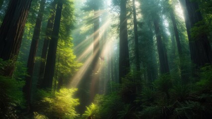 Obraz premium Stunning redwood forest bathed in ethereal light, perfect for nature lovers and travel publications, evoke a sense of peace and wonder in your project