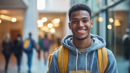 A young man with a backpack standing in a hallway.