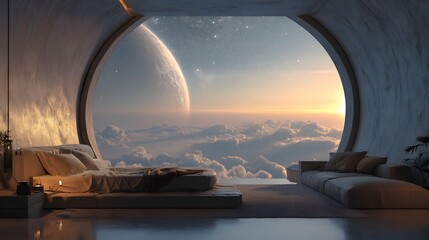Modern Futuristic Bedroom Overlooking Galaxy and Planets