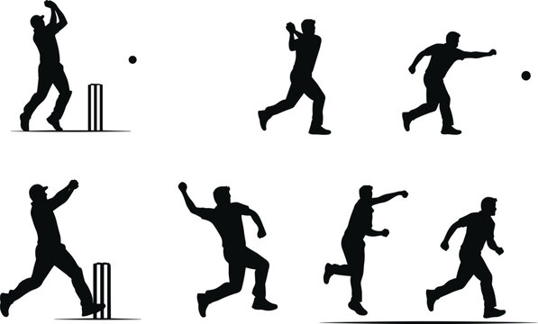 PrintCricket player silhouette, bowler throwing ball, batsman action pose, sports vector illustration, professional athlete artwork, competitive cricket game, dynamic motion training, stumps