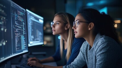 Two women analyzing code on computer screens in a dimly lit office environment at night time work