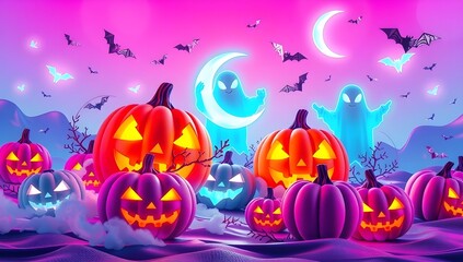 Surreal Halloween Landscape with Glowing Jack-o'-lanterns, Neon Ghosts, and Bats against a Vibrant Pink and Purple Sunset Sky with a magical crescent moon.