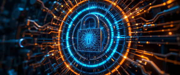 Cyber lock shield with rotating 4D layers of encryption, luminous cyan beams cutting through darkness