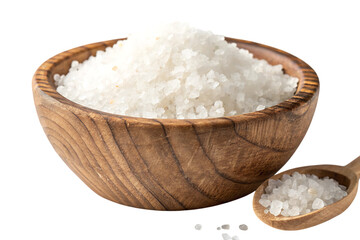 wooden bowl filled with crystal white sea salt texture
