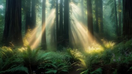 Stunning sunbeams filter through majestic redwood forest, creating an ethereal, magical woodland scene for outdoor adventures and nature escapes