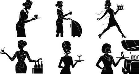 PrintSilhouette flight attendant serving drinks, airline stewardess with tray, cabin crew hospitality, professional service, vintage air hostess illustration, airplane interior