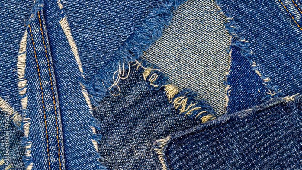 Poster torn denim patches create a unique fabric collage showcasing texture and color