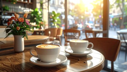 A sunlit caf? interior shows two cappuccinos on a wooden table, a flower arrangement, and a blurred view outside