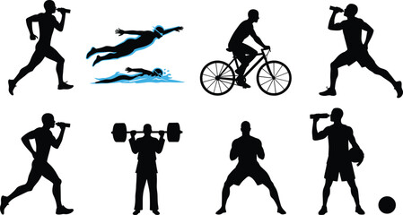 PrintSilhouette illustration of athletes running, swimming, cycling, weightlifting, playing basketball, drinking water, fitness training, active lifestyle, healthy sport activity vector.