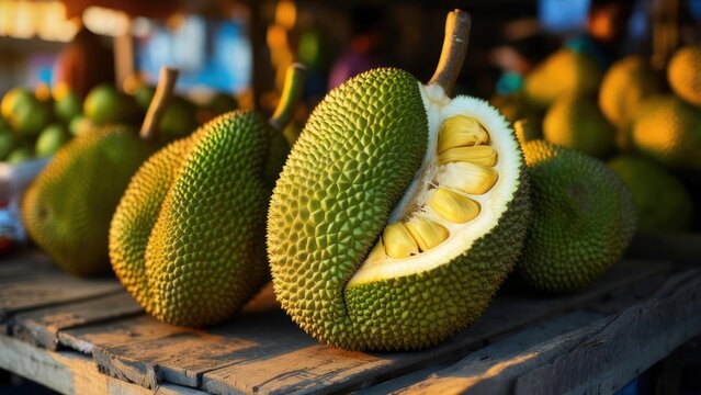 Juicy jackfruit ready to eat at a vibrant outdoor market, exotic fruit beckoning with its sweet aroma and unique texture, a tropical culinary adventure