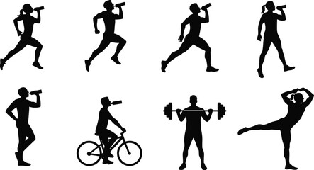 PrintSilhouette illustration of people exercising, drinking water, running, cycling, weightlifting, fitness training, workout, active lifestyle, healthy sport activity vector.