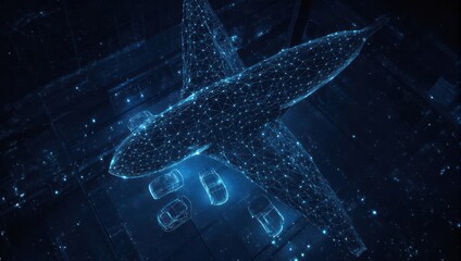 Modern aviation concept with glowing network of airplane and vehicles, ideal for technology, travel, and innovative transportation solutions in dark blue