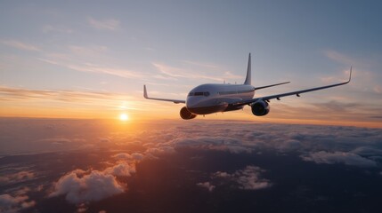 Fototapeta premium Jet Climbing Above Clouds at Golden Hour with Warm Sunlight Illuminating the Sky