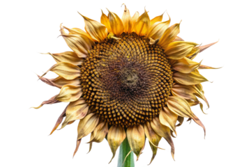 Isolated dried sunflower head with golden yellow petals and brown center isolated on transparent background