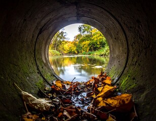 Autumnal view through a dark pipe