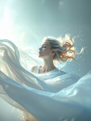 An ethereal woman with flowing fabric and sparkling elements. The image captures themes of purity, freedom, nature, and spiritual connection.
