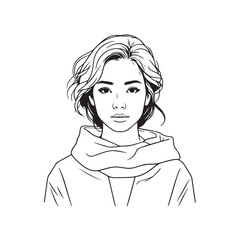 Black and white close up illustration of a beautiful woman face minimalist elegant line art drawing