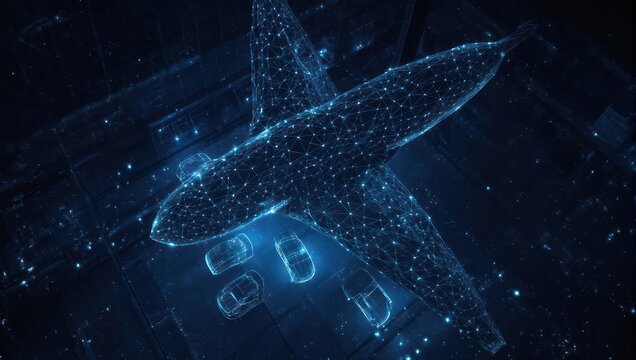 Modern aviation concept with glowing network of airplane and vehicles, ideal for technology, travel, and innovative transportation solutions in dark blue