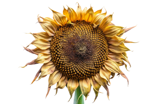 Isolated dried sunflower head with golden yellow petals and brown center isolated on transparent background - Powered by Adobe