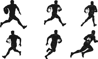PrintSilhouette of rugby players running, jumping, sprinting, training, competition, fitness, teamwork, sport action, strength, power, determination, energy