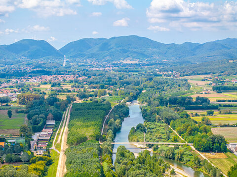 Lucca Tuscany beautiful aerial panorama at Serchio river and valley