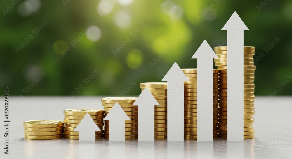 Poster stack of coins with upward arrows representing financial growth a visual metaphor for investment suc