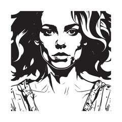 Black and white close up illustration of a beautiful woman face minimalist elegant line art drawing