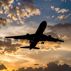 Silhouette of airplane at sunset