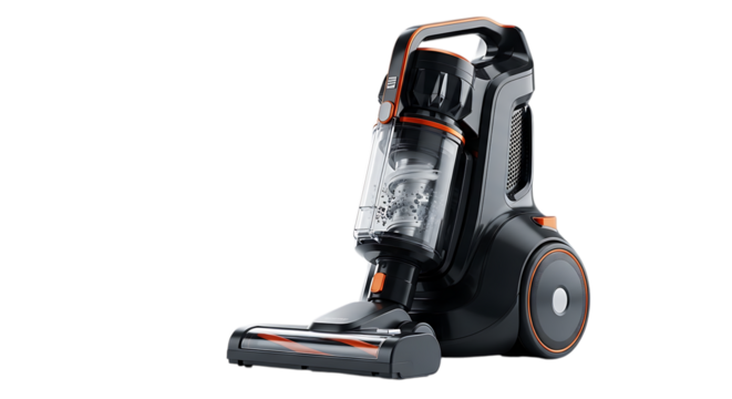 A sleek and modern vacuum cleaner, isolated on transparent background, showcasing its design and functionality for home cleaning and maintenance, perfect for appliance and household themes