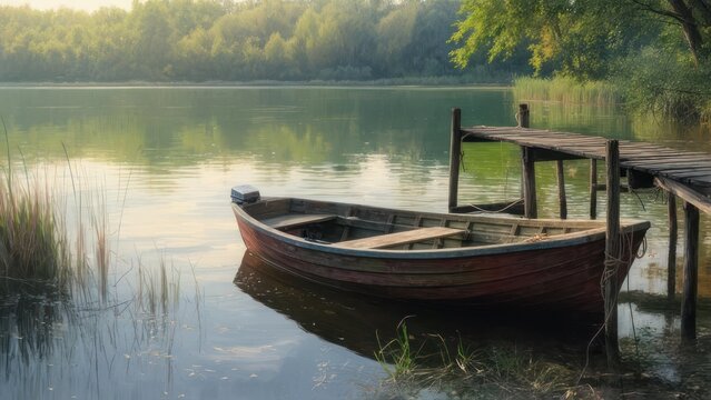 Experience the tranquility of a serene lakeside scene featuring a rustic wooden boat gently resting beside a weathered pier at sunrise, a peaceful escape
