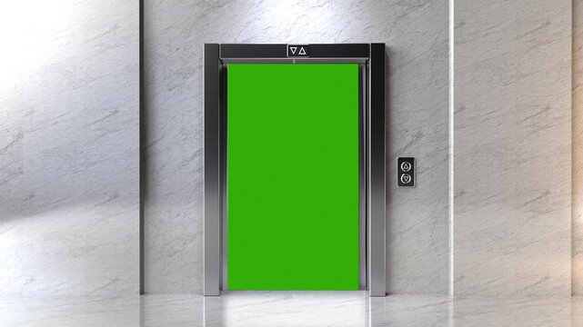 Elevator doors opening in seamless loop with green screen background. Perfect for chroma key, VFX, corporate, business, and creative video editing projects.