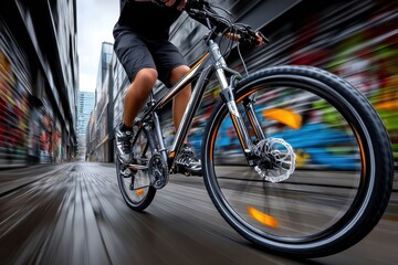 Cyclist speeding through city streets on mountain bike