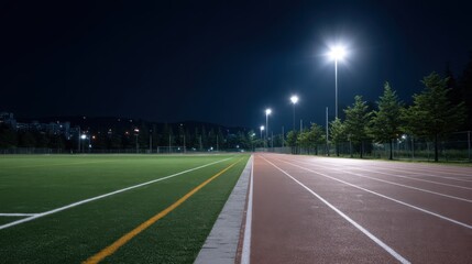 Brightly Lit Competition Surfaces at Night with Contrast Between Track and Turf Fields