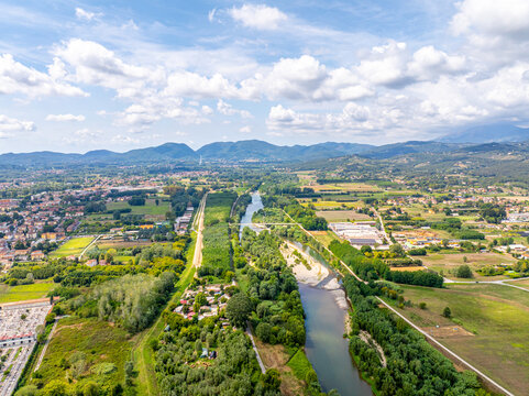 Lucca Tuscany beautiful aerial panorama at Serchio river and valley