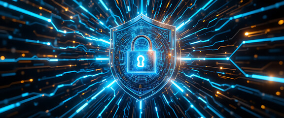 Cyber lock shield with rotating 4D layers of encryption, luminous cyan beams cutting through darkness