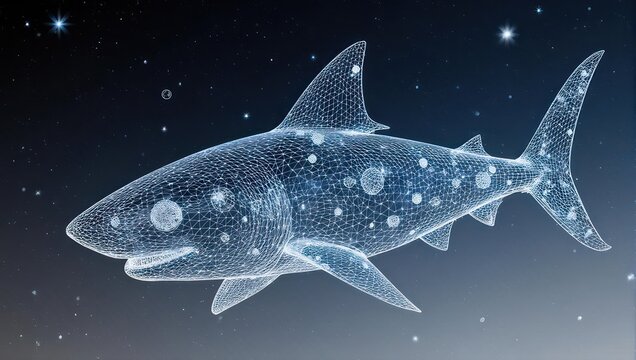 Stunning digital wireframe of a whale shark gracefully swimming through a star-filled cosmic ocean, perfect for innovative technology or science visuals