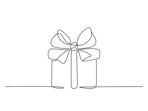 Large box with a bow and ribbon for Christmas, New Year, or birthday. Flat vector illustration, single continuous line drawing, isolated on white background.