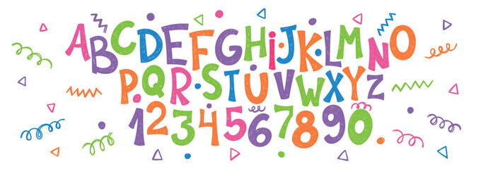Doodle children font, cartoon kids alphabet with crayon, pastel or chalk texture. Vector handdrawn numbers, circle, zigzag, squiggle.