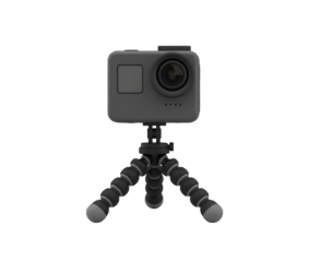Action camera mounted on a flexible tripod, isolated on transparent background