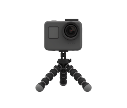 Action camera mounted on a flexible tripod, isolated on transparent background