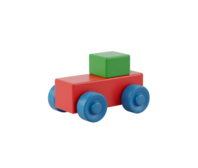 A simple red toy car with blue wheels and a green block on top, isolated on transparent background