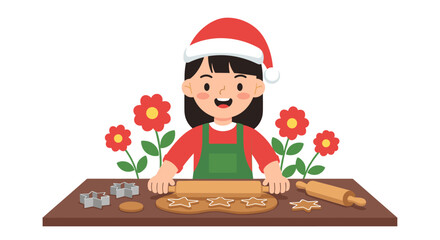 Christmas-themed flat vector art of a smiling girl baking cookies in Santa hat with floral accents and holiday decorations in a warm festive design