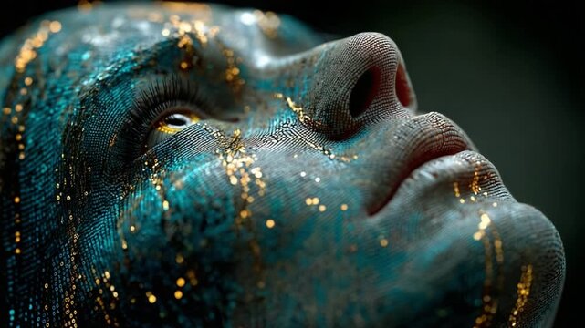 Close up of a digital human face looking upwards, with glowing golden data streams flowing across its intricate, pixelated skin, representing the dawn of artificial intelligence consciousness