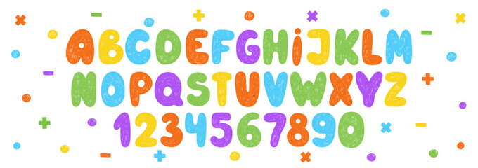 Funky children font, cartoon kids alphabet with crayon, pastel or chalk texture. Vector color handdrawn numbers, letters and dots.
