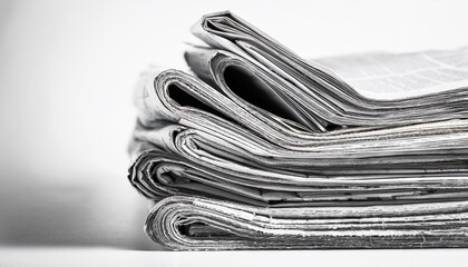 stack of old newspapers piled up in black and white on white background